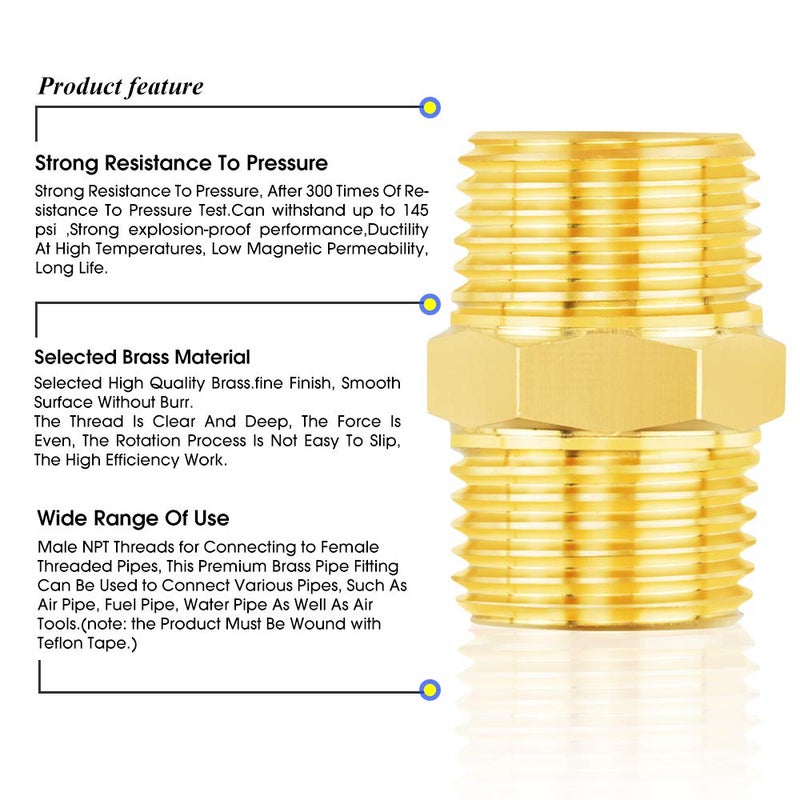 TAILONZ PNEUMATIC 1" NPT Male Pipe Hex Nipple, Brass Pipe Fittingï¼ˆ2Pcsï¼‰ - Image 3